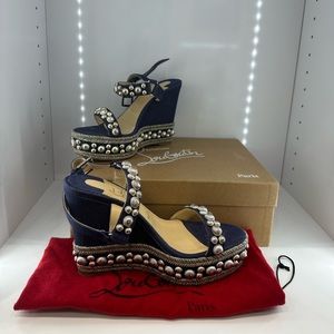 Christian Louboutin 
Rondaclou 120 Blue Denim Wedge Sandals as:38